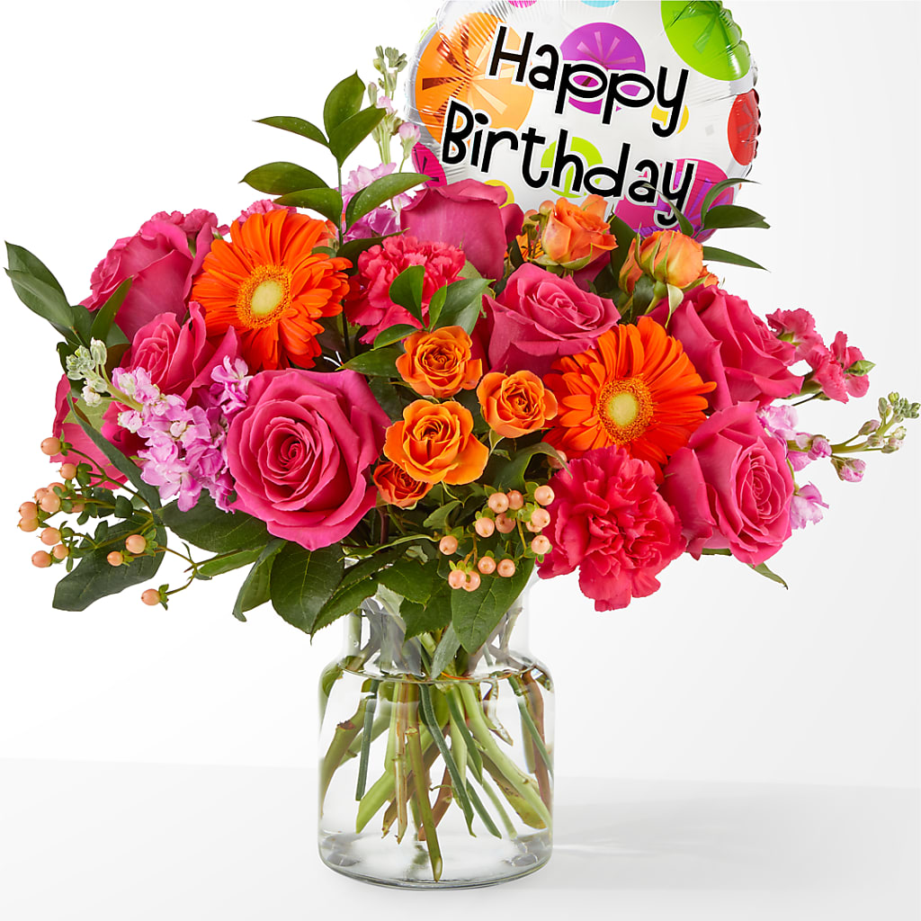 Fiesta Bouquet with Birthday Balloon – De Voe Floral, Lena IL