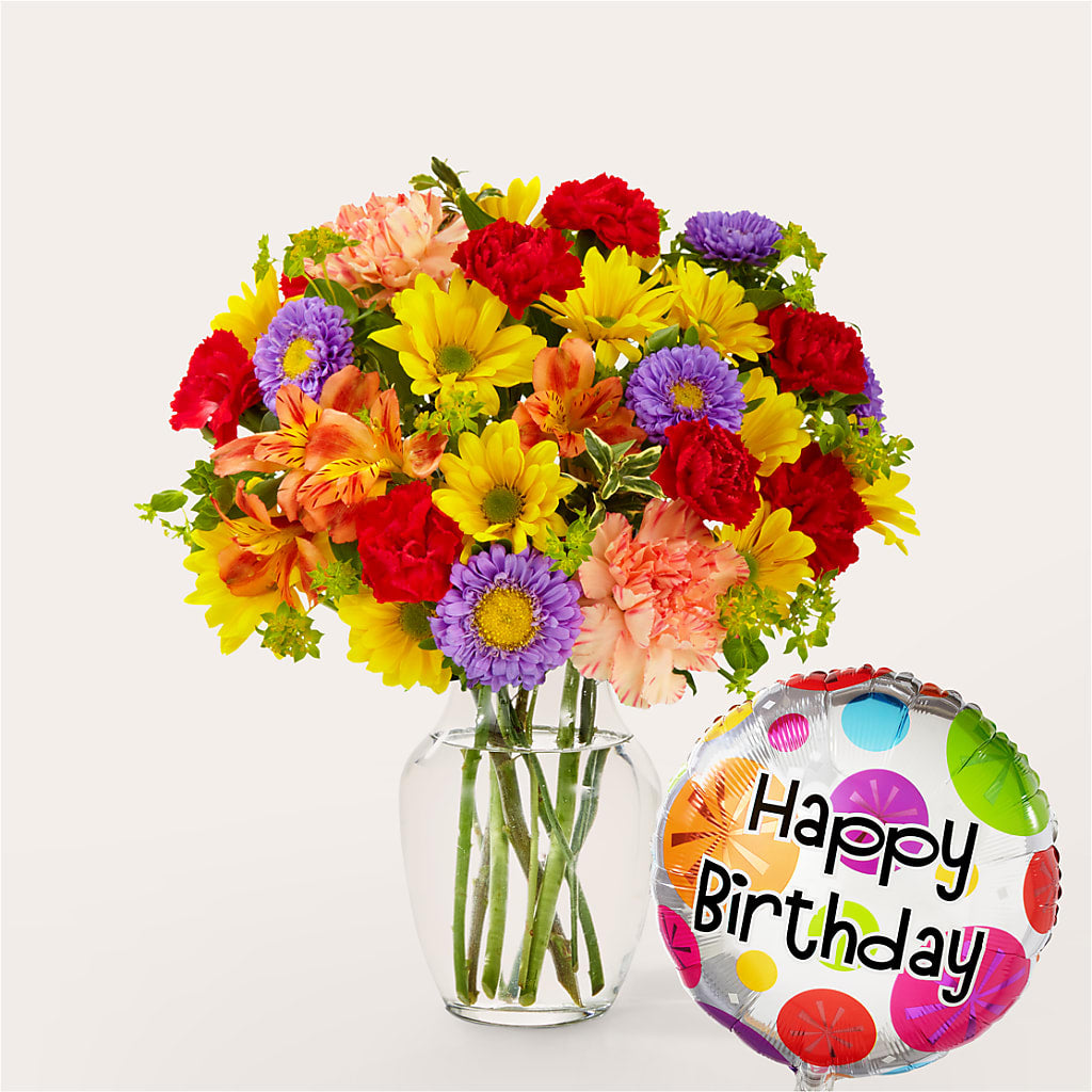 Kaleidoscope Bouquet with Birthday Balloon – De Voe Floral, Lena IL