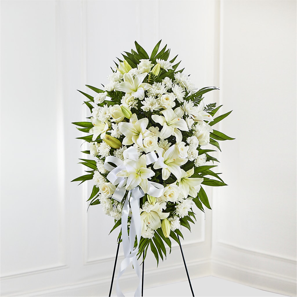 Exquisite Tribute Standing Spray-White Ribbon – De Voe Floral, Lena IL