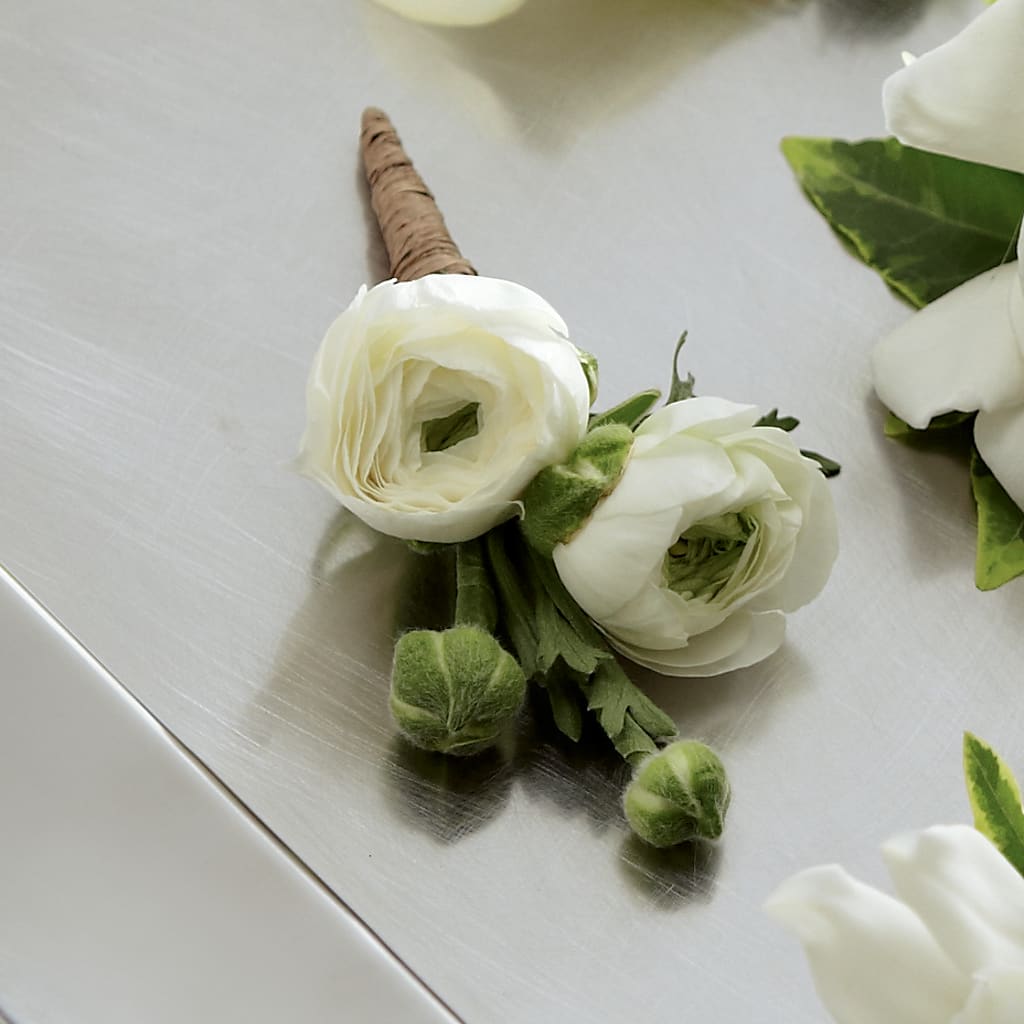 White Ranunculus Boutonniere – De Voe Floral, Lena IL