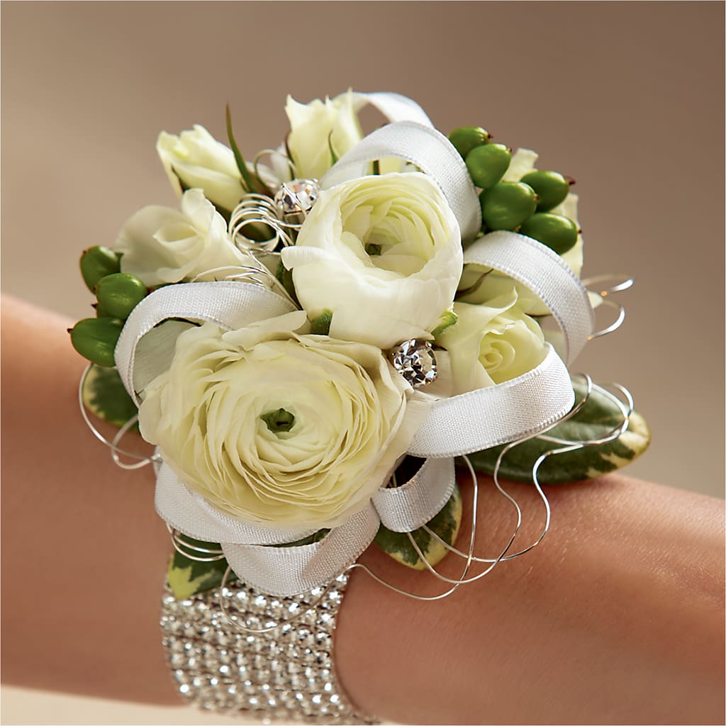 White Wedding Corsage – De Voe Floral, Lena IL