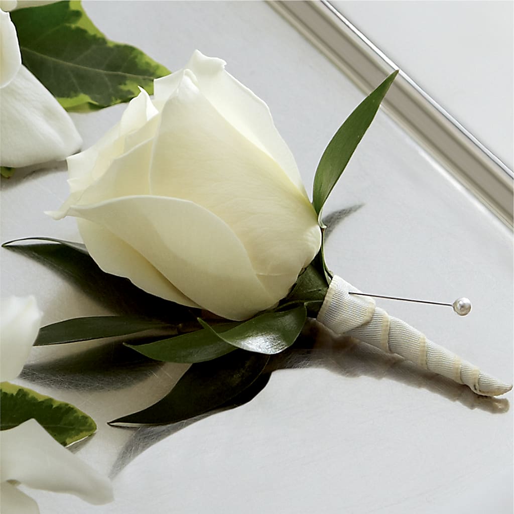 White Rose Boutonniere –  De Voe Floral, Lena IL