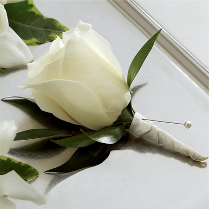 White Rose Boutonniere –  De Voe Floral, Lena IL